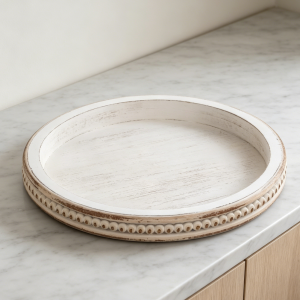 10.5" Round Whitewashed Wood Decorative Tray